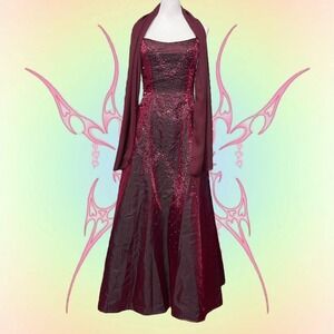 Cache Beaded Iridescent Maroon Red Tulle Underlay Prom Dress with Matching Scarf